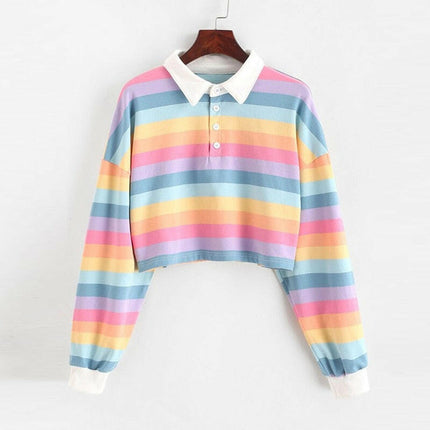 Grozavu's Rainbow Color Long Sleeve Sweatshirt: Korean Style with Button Stripes at €30.99