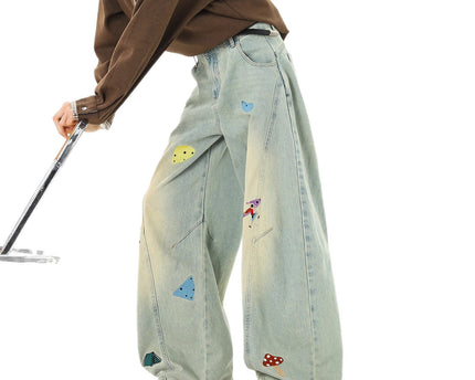 Jeans de Parchwork Divertidos de Streetwear para Hombre, Pantalones de Cuchillo Deconstruidos y Bordados, Ajuste Limpio, Jeans Rectos Lavados