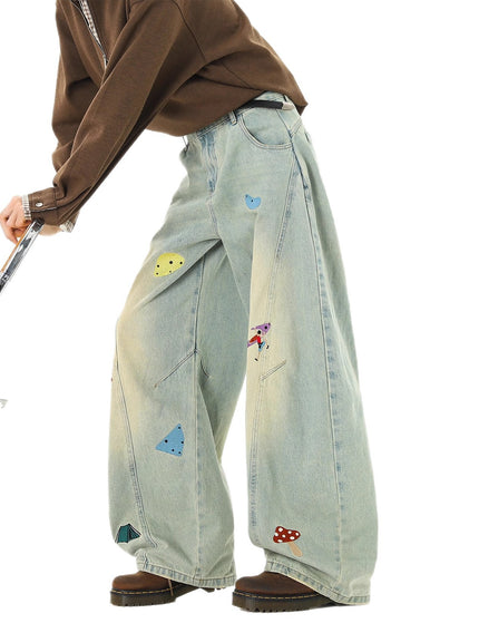 Streetwear Fun Patchwork Jeans Men Trendy Deconstructed Embroidered Knife Pants Clean Fit Washed Straight Leg Jeans