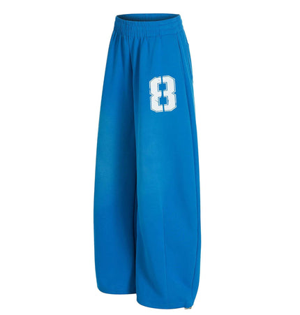 Casual Letter Print Wide-Leg Knife Pants in bright blue with large white number 3 print on the side.