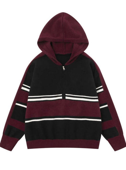 Model wearing Black paneleded patchwork hooded sweater by Grozavu