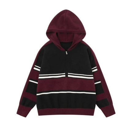 Model wearing Black paneleded patchwork hooded sweater by Grozavu