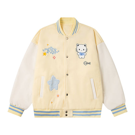 Embroidery Cute Cat Baseball Jacket Women Loose Korean Chic Jacket