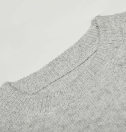 Semi-High Neck Simple Knit Sweater close-up of soft gray fabric and collar.