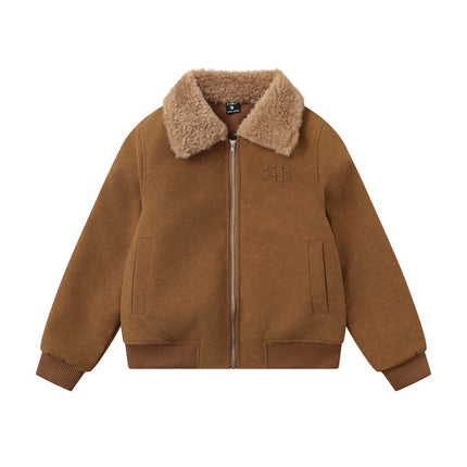 Faux Suede Jacket for Women Winter Loose  with Fur Collar Turn-Down Collar Coat