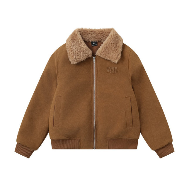 Faux Suede Jacket for Women Winter Loose  with Fur Collar Turn-Down Collar Coat