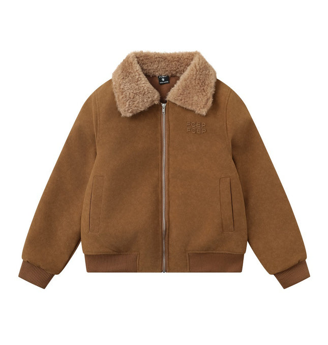 Faux Suede Jacket for Women Winter Loose  with Fur Collar Turn-Down Collar Coat