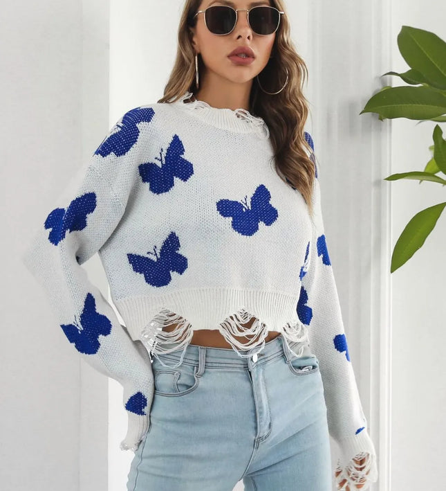 Distressed Butterfly Cropped Sweater