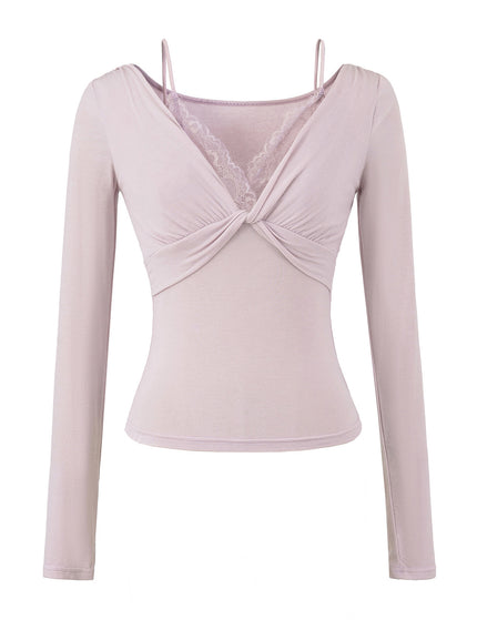 T-shirt à manches longues en dentelle torsadée pour femmes