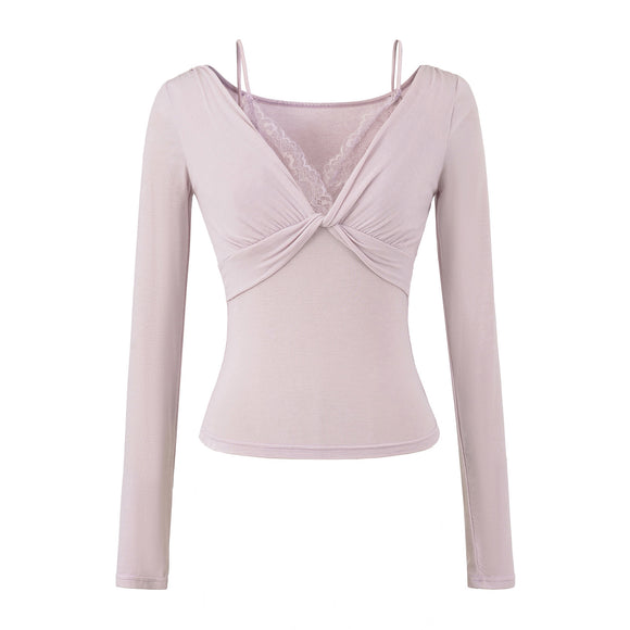 Twisted lace long sleeved T-shirt for women