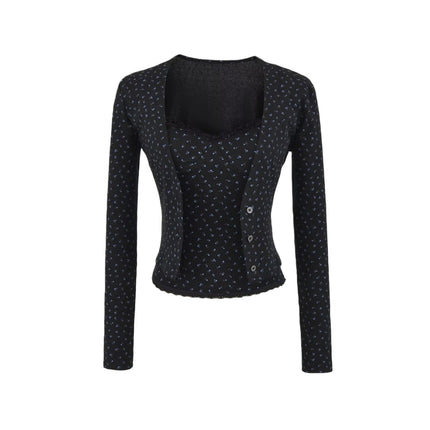 Top de Cárdigan de Manga Larga con Cuello en V a Rayas Dulces para Mujeres con Cuello Volante, Conjunto de Camisón Ajustado de Parches