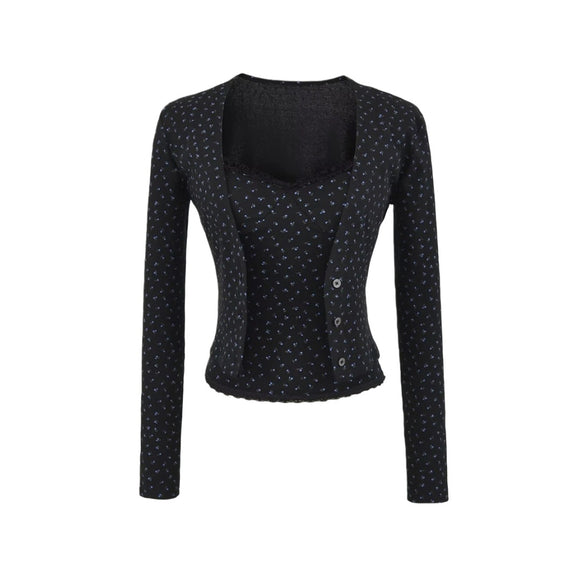 Top de Cárdigan de Manga Larga con Cuello en V a Rayas Dulces para Mujeres con Cuello Volante, Conjunto de Camisón Ajustado de Parches