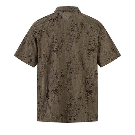 Distressed Short Sleeve Shirt - Loose Fit back view showing the unique distressed design and flip collar.