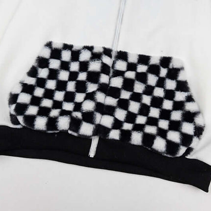 Checkered Fleece Hoodie with Rabbit Ears
