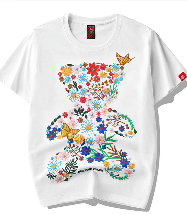Grozavu Summer Cotton T-Shirt: Embroidered Floral Bear Design