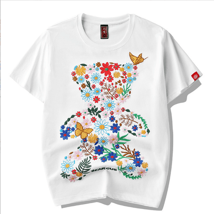 Grozavu Summer Cotton T-Shirt: Embroidered Floral Bear Design at €33.99