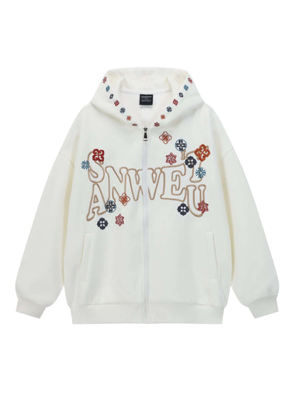 White hoodie letter embroidery oversized with Grozavu logo