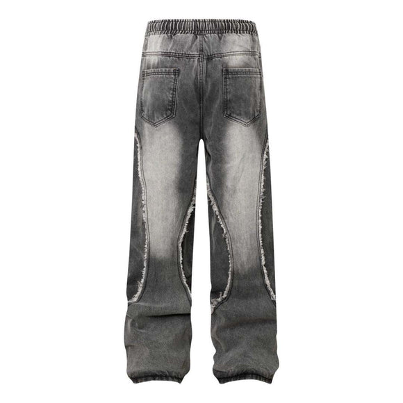 Retro Washed Distressed Patchwork Whisker Denim Pants Unisex Loose Wide Leg Straight Long Trousers