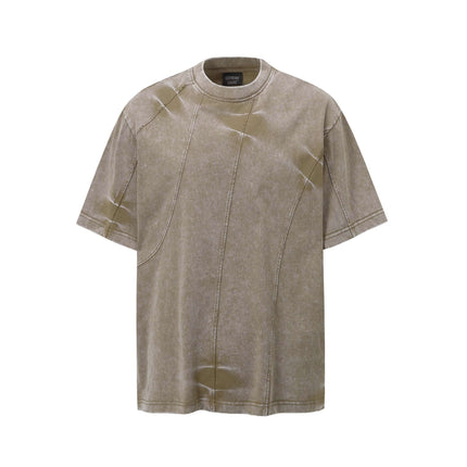 Retro Tie-Dye Spliced T-Shirt – Loose Fit in muted colors with unique stitching and casual style for summer wear.