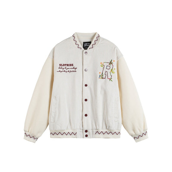 Embroidery Zipper Closure Stand-up Collar  Loose Fit  Baseball Jacket