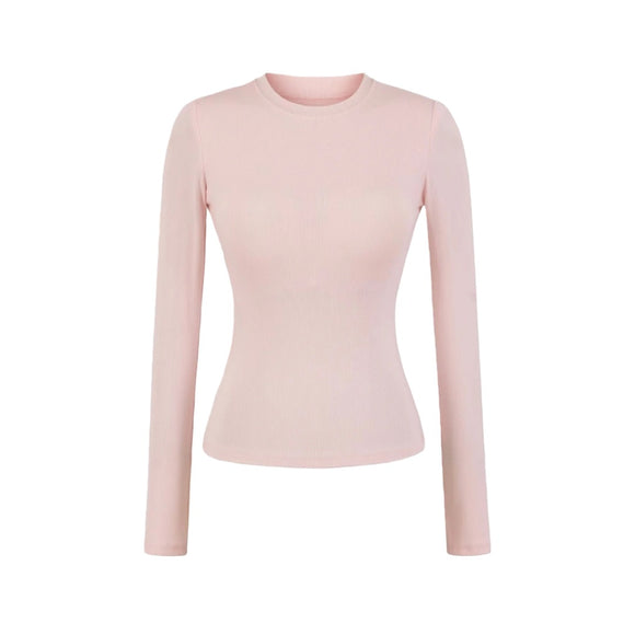 Camiseta básica elástica ajustada de manga larga con cuello redondo vintage, acolchada, de hombros regulares, top sólido de color simple