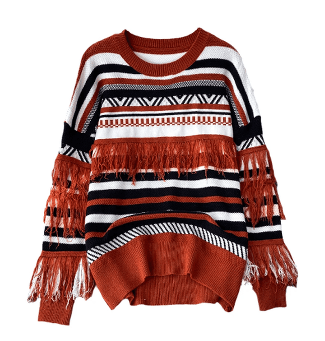 Grozavu Chic: Round Neck Sweater with Contrast Tassels at €43.99