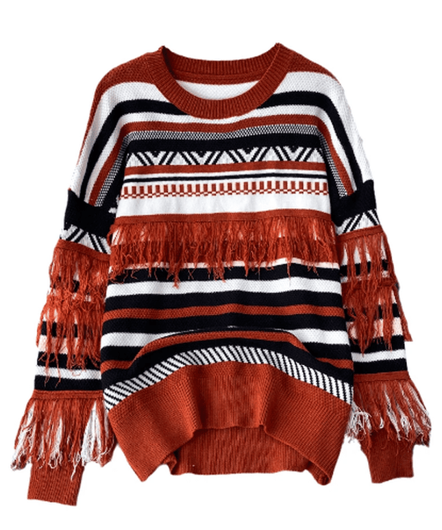 Grozavu Chic: Round Neck Sweater with Contrast Tassels