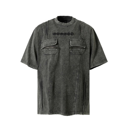 Retro Washed Pocket Embroidery T-Shirt – Loose Fit in gray, featuring dual pockets and casual style ideal for summer.