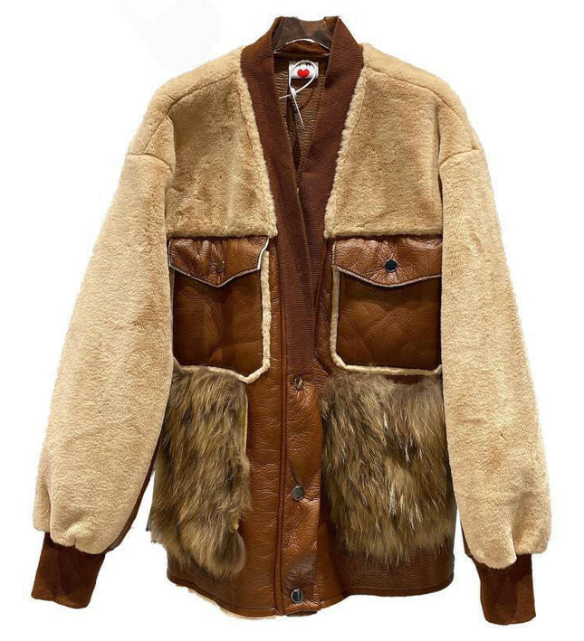 Palton elegant din piele vintage cu detaliu de blană