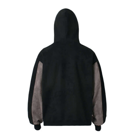 Patchwork High Neck Hoodie – Loose Fit, back view showcasing the sporty patchwork design and relaxed fit.
