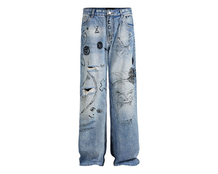 Graffiti Fun Niche Print Washed Distressed Denim Trousers