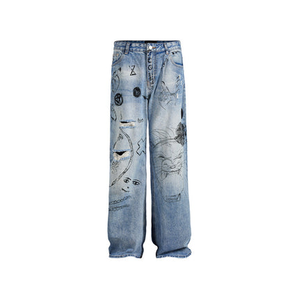 Graffiti Fun Niche Print Washed Distressed Denim Trousers