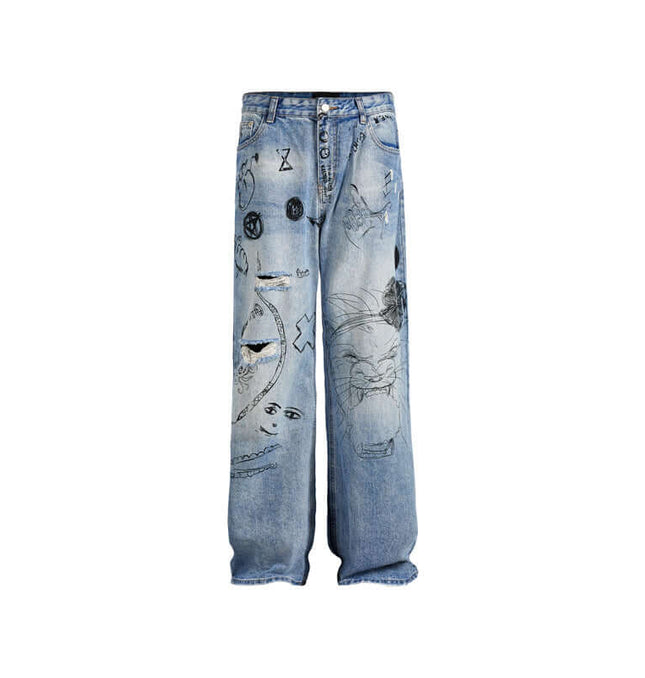 Distressed Denim Graffiti Print Trousers with bold street style and graffiti-inspired print.