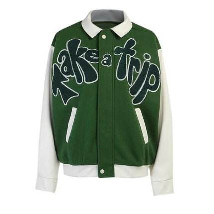 Grozavu's Baseball Jackets: Green PU Leather with Contrast Sleeves at €72.99