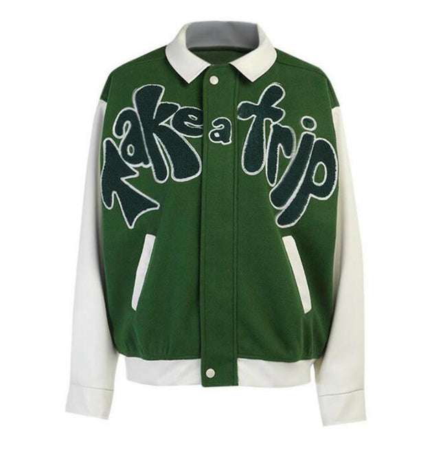 Grozavu's Baseball Jackets: Green PU Leather with Contrast Sleeves at €72.99