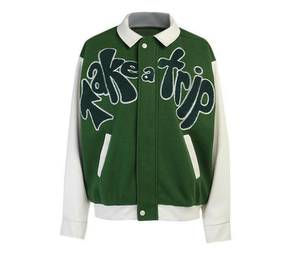 Grozavu's Baseball Jackets: Green PU Leather with Contrast Sleeves at €72.99