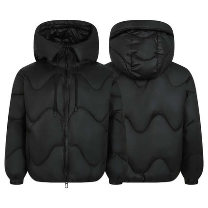 Wave Design Puffer Coat – Loose Fit in Black with distinct wave pattern and hooded design for winter warmth.