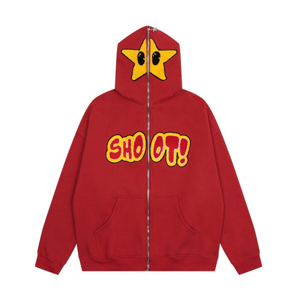 Cartoon Star Embroidery Plush Hoodie - High Street Hip-Hop Style