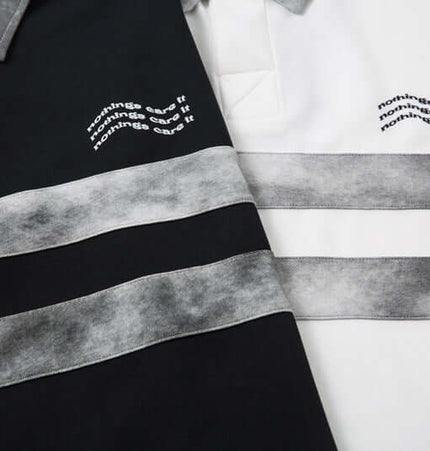 Retro Embroidered Patchwork Polo Hoodie in black and white with embroidered detailing and patchwork stripes.