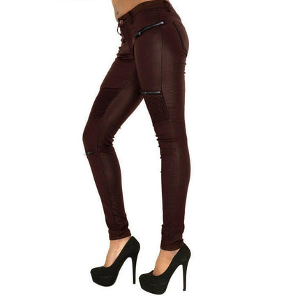 Grozavu Brown Faux Leather Multi-Zip Motorcycle Pants at €49.00