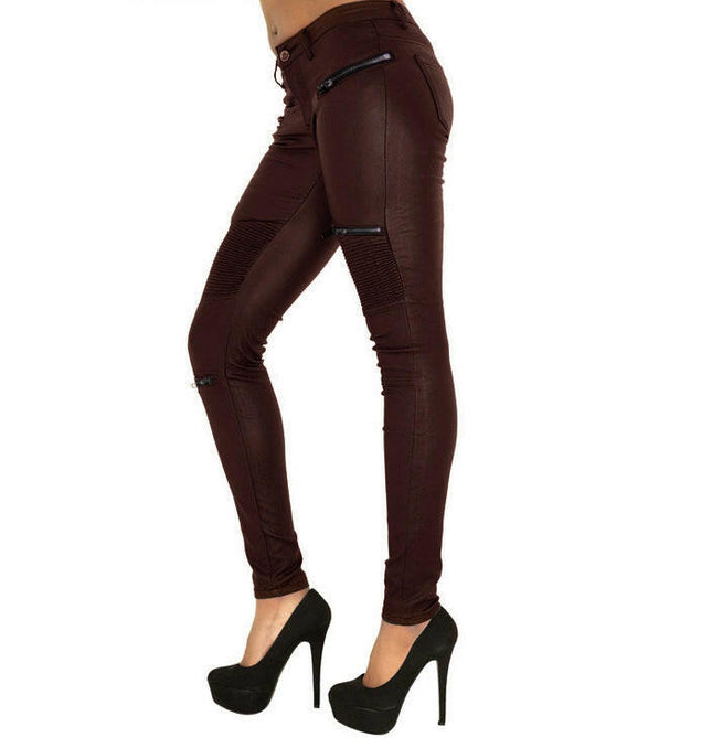 Grozavu Brown Faux Leather Multi-Zip Motorcycle Pants at €49.00