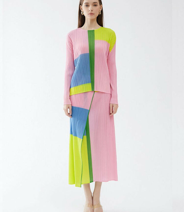 Grozavu Style: Spring Pleated Patchwork Skirt Set