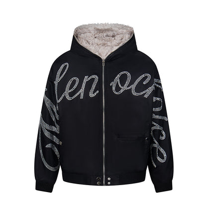 Hawk Embroidered Letter Hooded Cotton Coat Unisex Loose Warm Outerwear