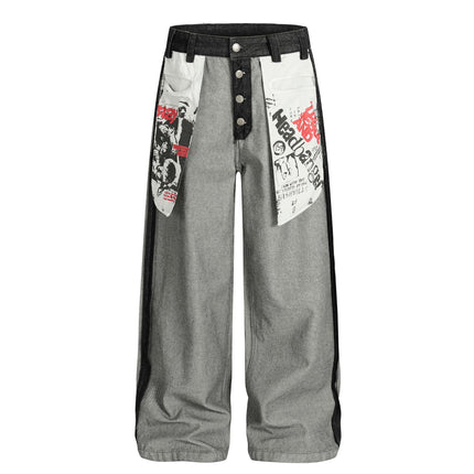 Street Style Printed Deconstructed Asymmetrical Design Loose Fit Unisex Jeans