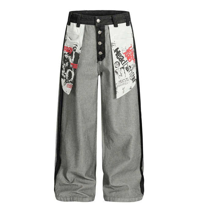 Printed Deconstructed Asymmetrical Jeans with bold printed panels for edgy streetwear style.