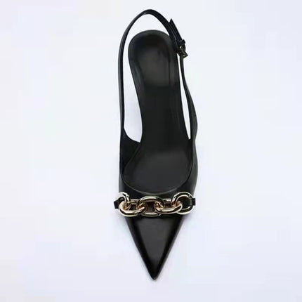 Grozavu: Black Chain Embellished High Heeled Pointed Sandals at €72.99