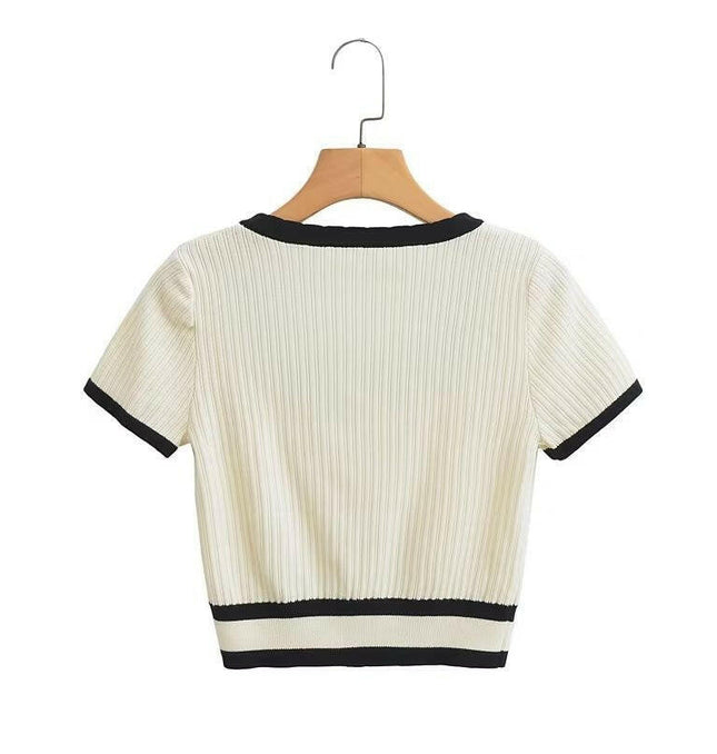 Grozavu's New U Neck Knitted Cardigan T-Shirt: Short Sleeve, Tight Fit at €30.99