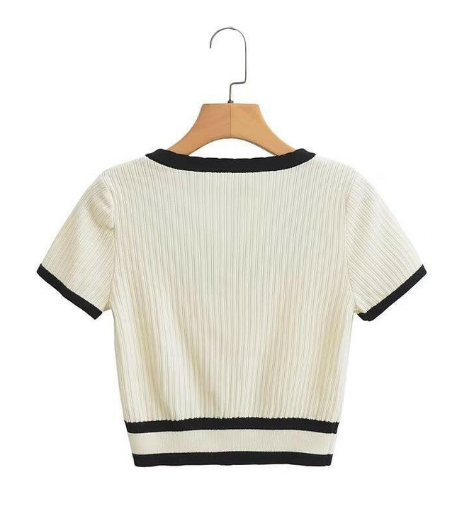 Grozavu's  New U Neck Knitted Cardigan T-Shirt: Short Sleeve, Tight Fit