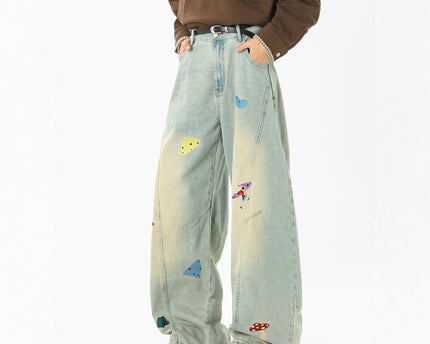 Jeans de Parchwork Divertidos de Streetwear para Hombre, Pantalones de Cuchillo Deconstruidos y Bordados, Ajuste Limpio, Jeans Rectos Lavados