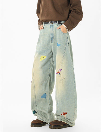 Streetwear Fun Patchwork Jeans Men Trendy Deconstructed Embroidered Knife Pants Clean Fit Washed Straight Leg Jeans